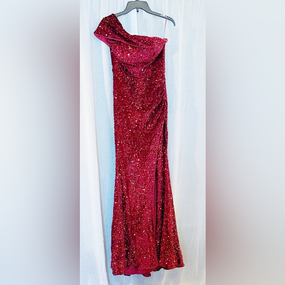 Red Sequin Gown One Shoulder Side Slit Formal Prom Evening